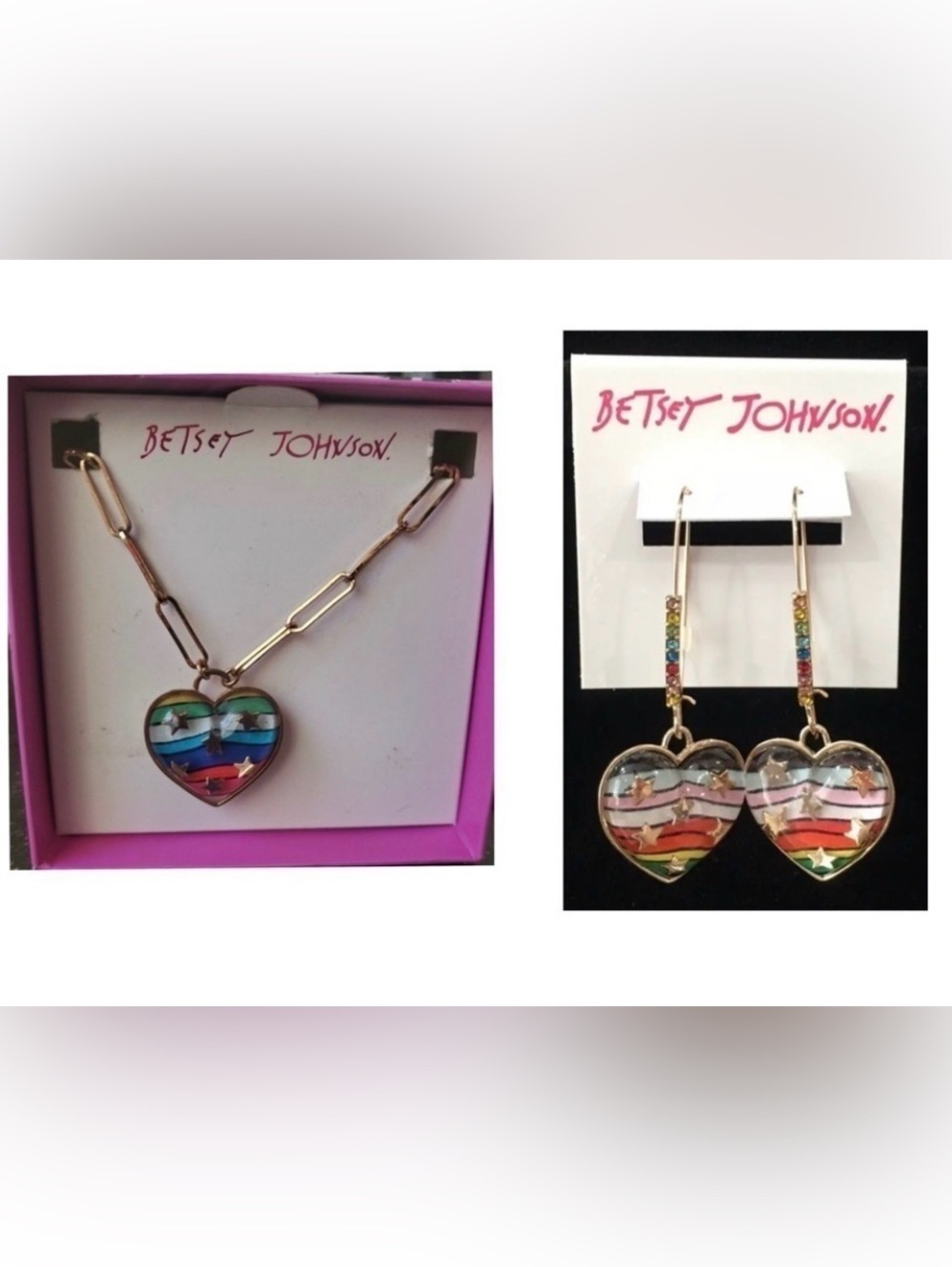 BETSEY JOHNSON SET Valentine Rainbow Heart Stars Necklace & Earrings PRIDE NWT